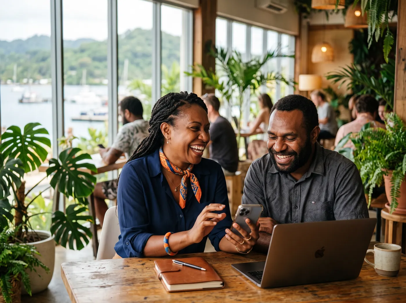 A Pacific Wave Digital affiliate sharing a course link with a friend in a Port Vila café