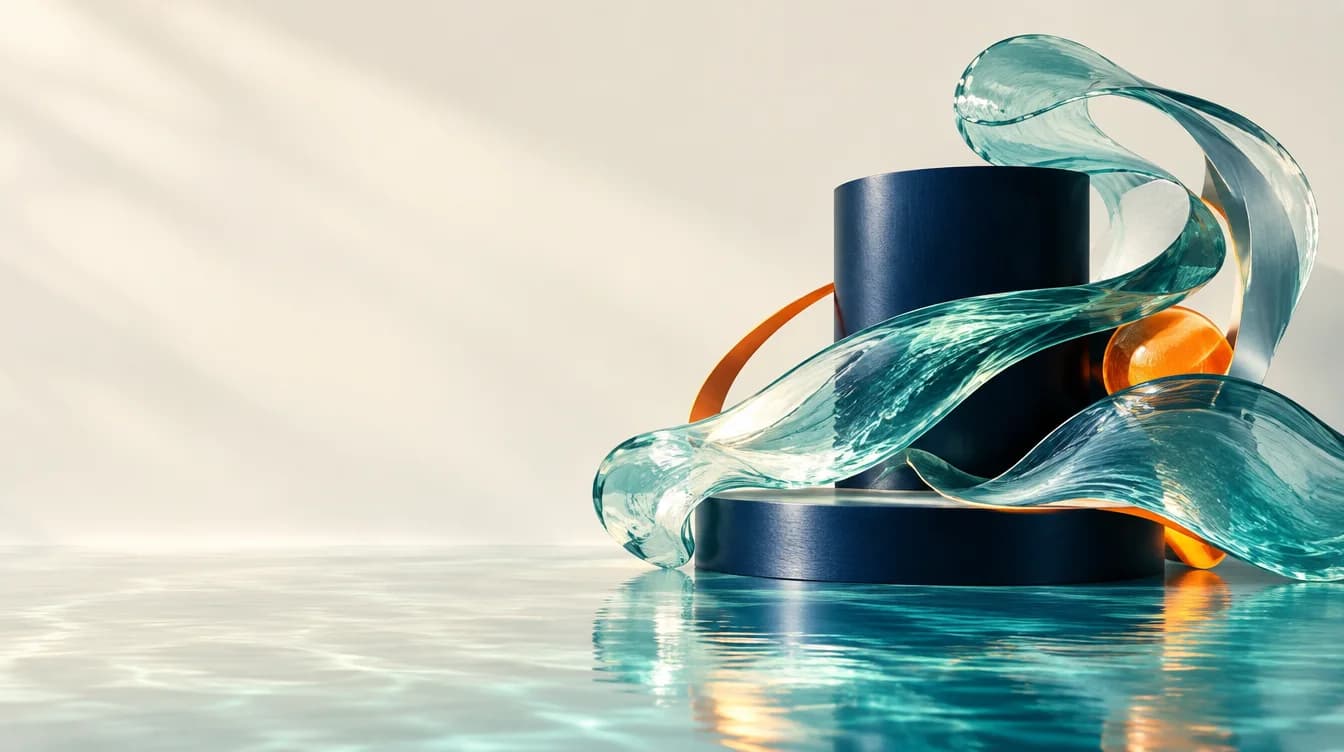 Sculptural sea-glass waves with navy and orange forms