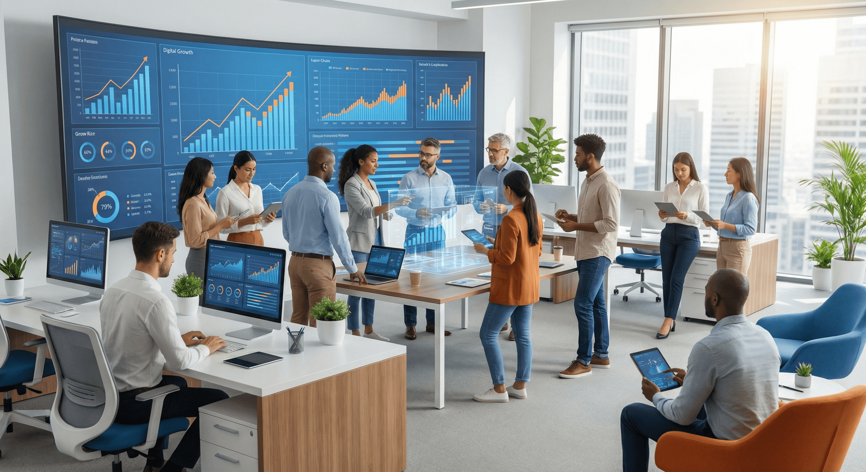 Pacific Wave Digital - Modern tech team collaborating with digital dashboards