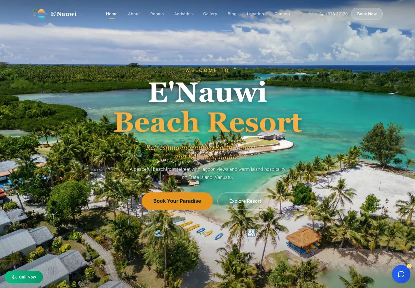 E’Nauwi Beach Resort website homepage on desktop