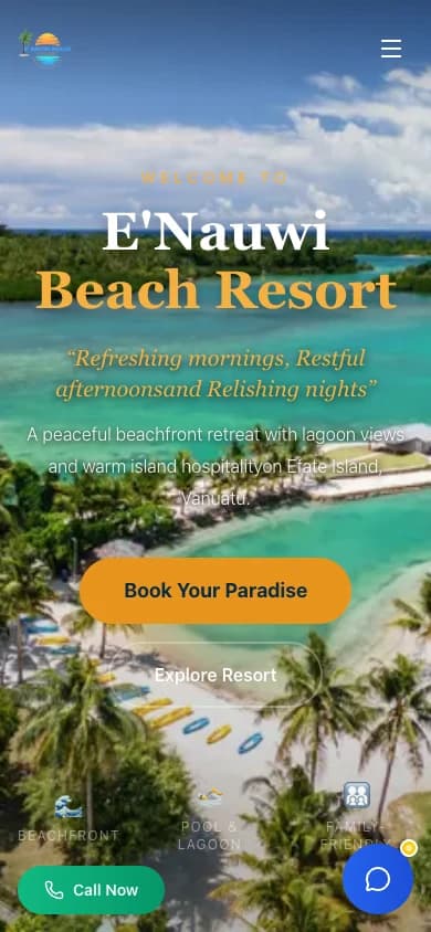 E’Nauwi Beach Resort website homepage on mobile