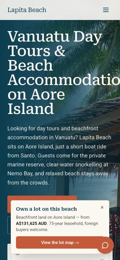 Lapita Beach website homepage on mobile