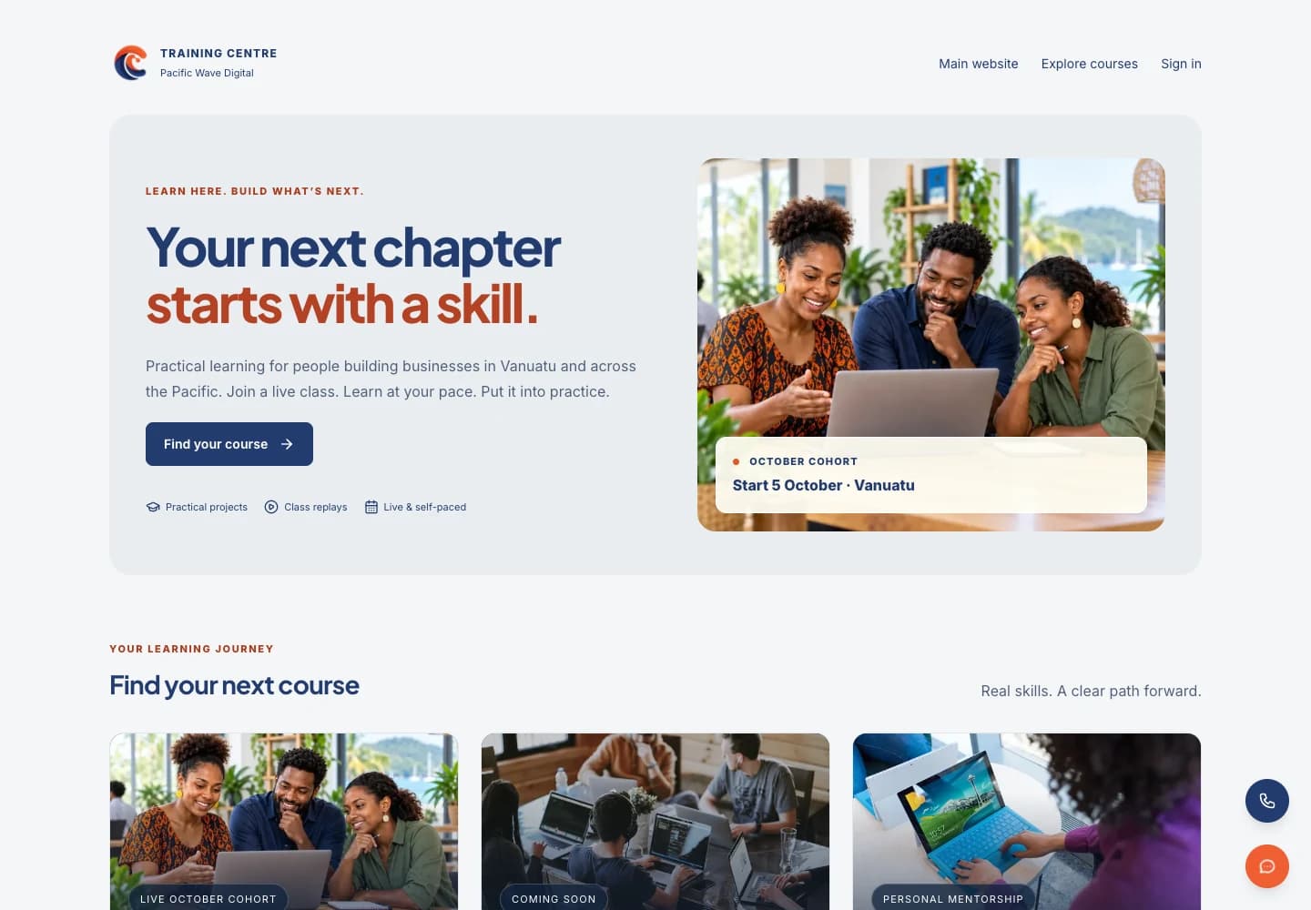PWD Training Centre website homepage on desktop