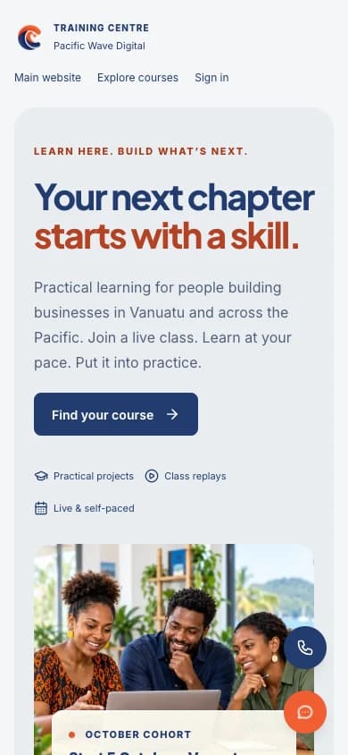 PWD Training Centre website homepage on mobile