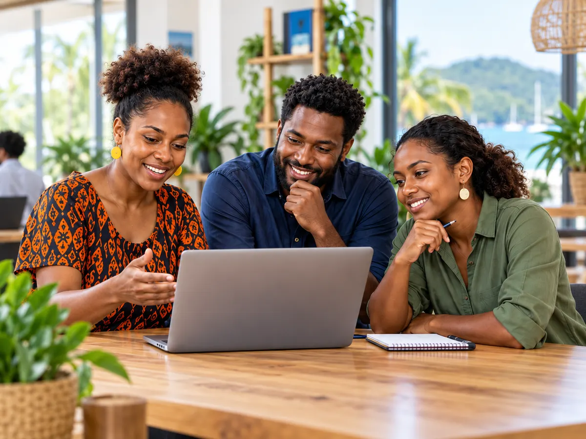 Illustrative scene of Ni-Vanuatu entrepreneurs collaborating around a laptop